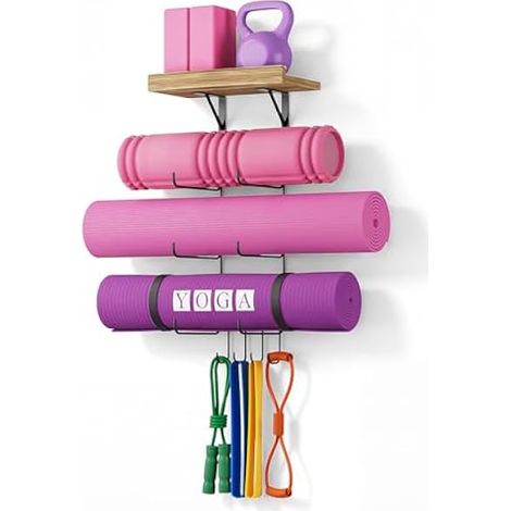 Support Mural Pour Tapis De Yoga - Étagères Flottantes En Bois - 4 Crochets Pour Rouleau En Mousse Et Bandes De Résistance - Noir Carbonisé - 1 Pièce (1/3)
