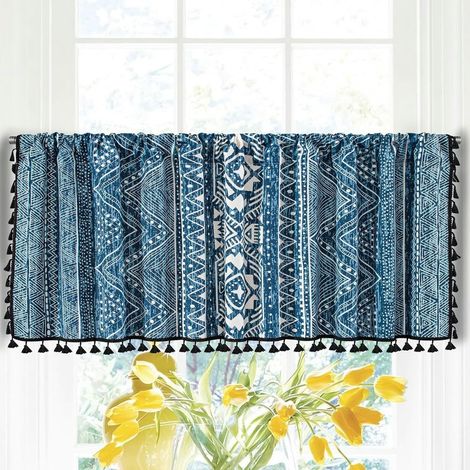 Cortina opaca pequeña azul, cortinas de cocina de algodón y lino con estampado geométrico bohemio, 150 x 91 cm (ancho x alto). (1/5)