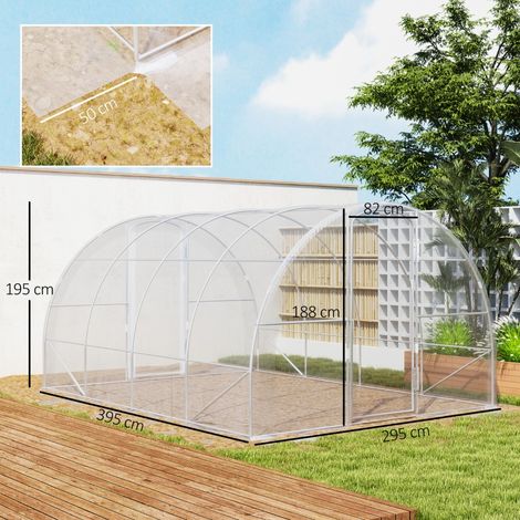 Serre tunnel 12m² 4x3x2m blanche PE 150g/m², 2 portes charnières pour légumes (1/5)