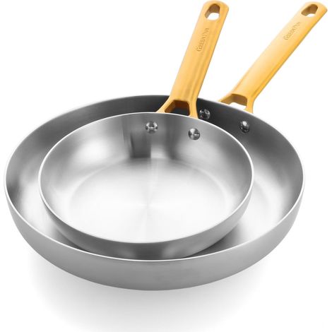 GreenPan Padova Reserve Set 2 Padelle Acciaio Inox Tri-Ply, 20 + 28 cm, Compatibile Induzione, Manici Acciaio Inox Dorati, Adatto Forno 220 °C, Lavabile Lavastoviglie, Argento (1/5)