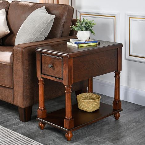 PADMA HOUSE Narrow End Table with Drawer and Storage Shelf, Solid Wood Sofa Side Table, Slim Beside Table, Telephone for Small Spaces, Living Room, No-tools Assembly Dark Walnut (1/4)