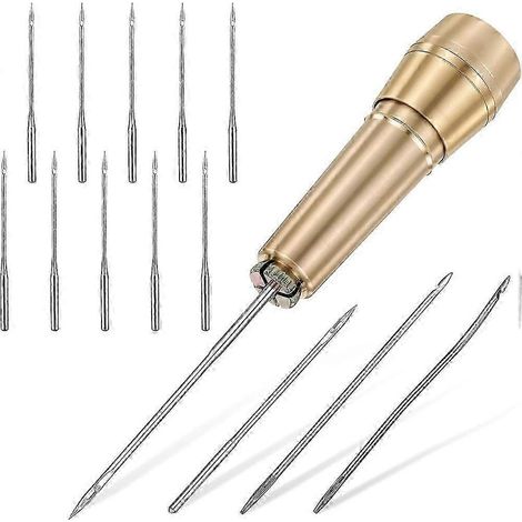 Ensemble de 14 aiguilles à coudre le cuir à manches en cuivre. Cet ensemble d'aiguilles de haute qualité comprend 13 aiguilles compatibles avec la couture du cuir. WHBYV (1/4)