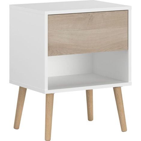 Chevet blanc 1 niche et 1 tiroir blanc avec façade finition aspect bois - BORGALL (1/4)