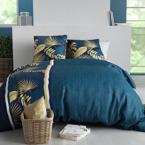 Parure housse de couette 240x220cm + 2 taies motif tropical bleu 100% coton - OPHRA (1/4)