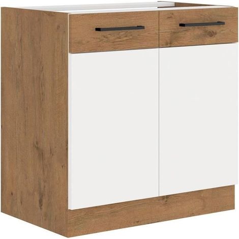 ROCK - Meuble bas - Mélaminé decor chêne Lancelot et Blanc - 80 cm - 2 portes battantes - Plan de travail non inclus (1/2)