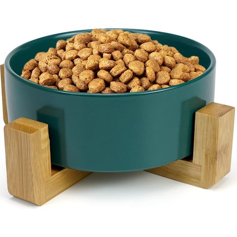 Gamelle Chat Céramique Aime Ecuelle Antidérapant Bol avec Support en Bambou pour Chien et Chat 400ML, Vert (1/5)