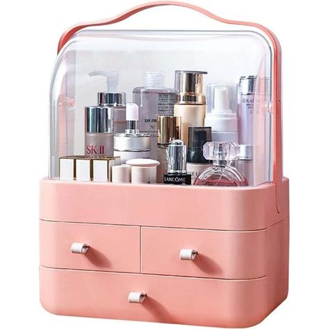 Boîte de rangement cosmétique rose : avec poignée de transport, idéale pour les comptoirs et les coiffeuses de salle de bain.