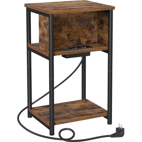 Table d'Appoint, Petite Table de Chevet avec Multiprise, Fin, 2 Prises CA, 2 Ports USB, 30 x 34 x 58 cm, pour Salon, Chambre, Marron Rustique et Noir LET375B01 (1/5)