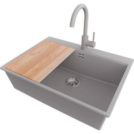PRIMAGRAN Evier Cuisine en Granit 68x50cm,Lavabo 1 bac + Robinet 32x20cm + Kit de Vidage + Planche à Découper, Évier à Encastrer au meuble 70cm - Oslo, Gris (1/5)