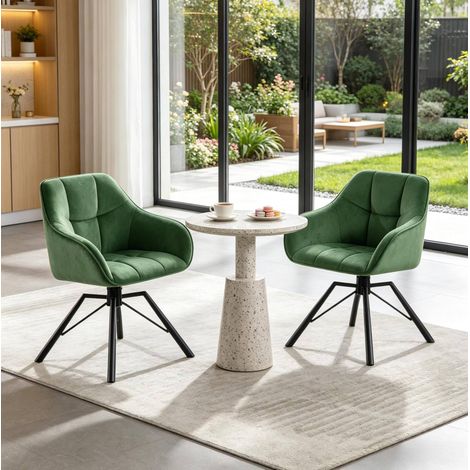 Juego de 2 sillas de comedor giratorias, asiento ancho, con reposabrazos, terciopelo verde oscuro y metal (1/5)