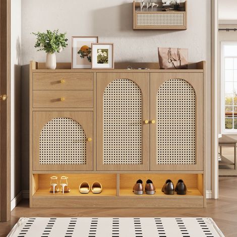 Meuble à chaussures 120x35x100 cm, 3 portes cannage rotin, 2 tiroirs, éclairage LED, étagère ouverte, rangement entrée, MDF - Naturel (1/5)