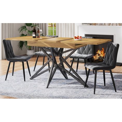 Table de cuisine extensible 120-160 x 80 cm, table de petit-déjeuner, piètement étoile en métal noir, plateau style noyer ou imitation marbre