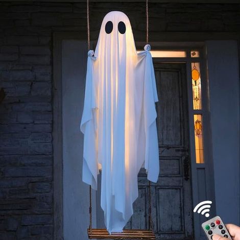 Décorations d'Halloween extérieures - Grand fantôme suspendu et oscillant Décor d'Halloween avec guirlandes lumineuses pour véranda et jardin (1/3)
