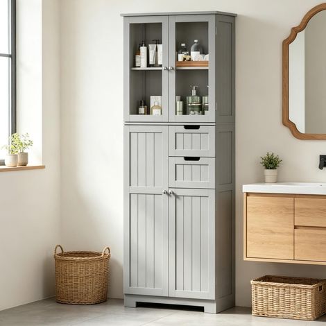 Meuble de salle de bain haut 4 portes, 2 portes vitrées, 2 tiroirs, gris HAVRYA (1/4)