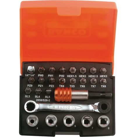 BAHCO Puntas vasos 1/4" planas Phillips Pozidriv 26 pzs 2058/S26-2 (1/2)