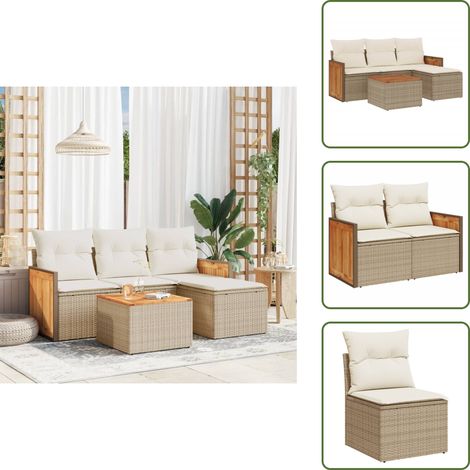 The Living Store 5-tlg. Garten-Sofagarnitur mit Kissen Beige Poly Rattan - Gartenmöbel Set - Rattan Möbel - Outdoor Lounge - Esstisch - Sofas (1/5)