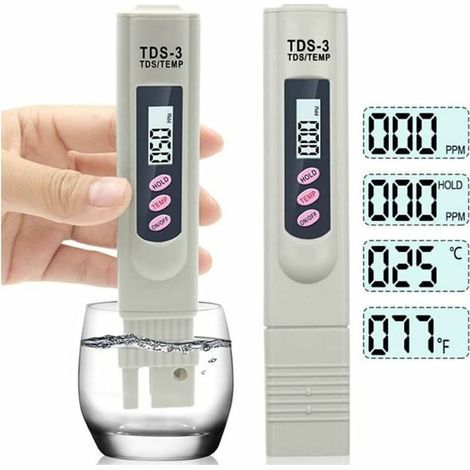 Tragbares digitales LCD-Trinkwassermessgerät (TDS-3), Wasserqualitätstester in Stiftform mit Temperatur- und PPM-Messung, Wasserreinheitstester 0–9990 PPM, geeignet für Trinkwasser und Hydrokultur (Te (1/5)