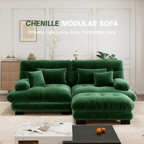 Canapé d’angle Cloud – Modulable 2 places avec pouf, coussins lombaires, 2 oreillers décoratifs, chenille, vert – Salon confortable et modulable (1/5)