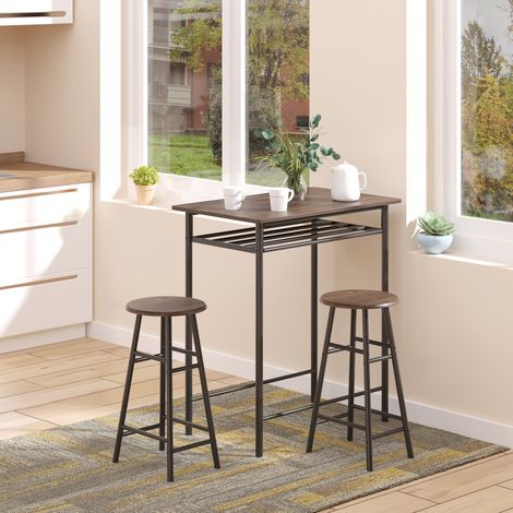 Set da pranzo alto con tavolo e 2 sgabelli in MDF e metallo nero, 80x50x90 cm, con ripiano portaoggetti (1/5)