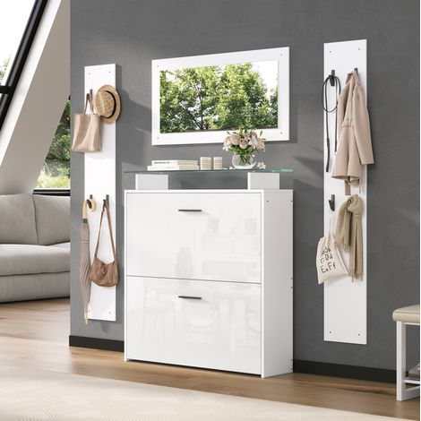 Mueble zapatero de 4 piezas con espejo, 2 percheros de pared, 8 ganchos, blanco DESVIAE (1/5)
