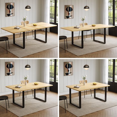 Table à manger extensible 3 longueurs en MDF et pieds métal - Table de repas 6 à 10 personnes - Chêne (1/5)