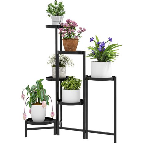 Support pour pots de fleurs 6 niveaux réglables rond métal noir
