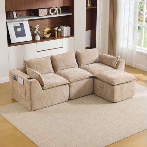 Modulares 3-Sitzer-Sofa 256x161x75 cm khaki Chenille mit Hocker, Kissen und Seitentaschen (1/5)