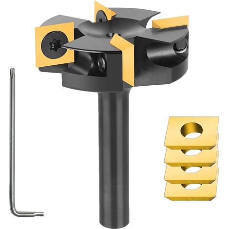 8mm Flat Router Bit 40mm Diameter with 4 Interchangeable Carbide Blades (1cm x 1cm x 0.3cm) Reversible Plates Spoilboard 4 Flutes CNC Flat Wood Cutter (1/5)