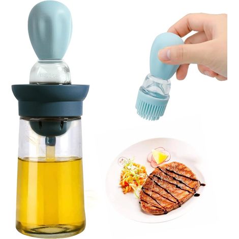 Bouteille d'huile avec bleu pour la cuisine, distributeur d'huile d'olive pour barbecue, bouteille de condiment en silicone 2-en-1 (brosse) (1/5)