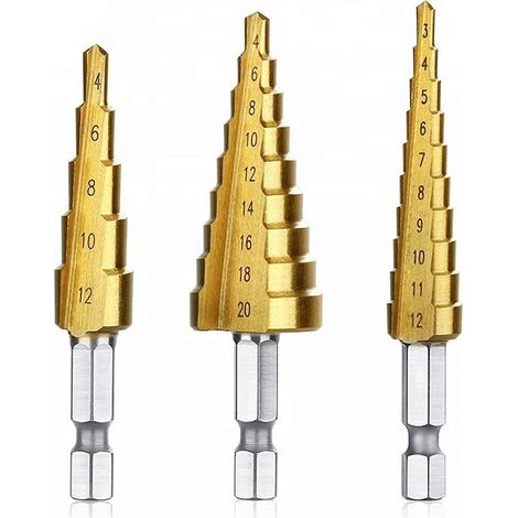 Lot de 3 forets à pas en acier rapide avec tige hexagonale courte en titane à changement rapide de 1/4" pour perçage de trous 3-12 mm 4-12 mm 4-20 mm (1/5)