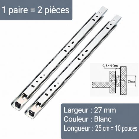 Glissière de tiroir blanche à billes 27 mm 2 sections 10 pouces 25 cm blanc 10 25cm 27 × 4 × 2 cm 350 g – Livraison gratuite