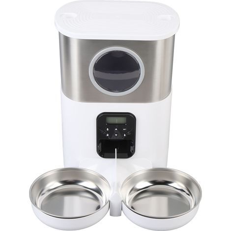 Distributeur automatique de croquettes pour deux chats, capacité 5 L, fenêtre de visualisation, dosage précis, acier inoxydable, 2 gamelles, minuterie, blanc. (1/5)