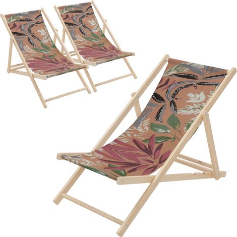 ECD Germany 3x Sedie a Sdraio Pieghevole in Legno con Tessuto Traspirante Marrone Rosso Verde, Schienale Reclinabile in 3 Posizioni, Lettino Relax con Portata 120 kg per Spiaggia, Giardino e Terrazza
