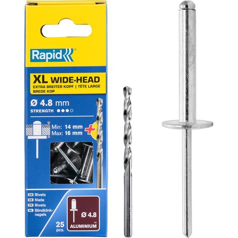 RAPID - Rivets XL - Ø4,8 x 20mm Aluminium, fixation solide entre les matériaux, lien durable - Boîte 25 + 1 Forêt de perçage - (5000667)