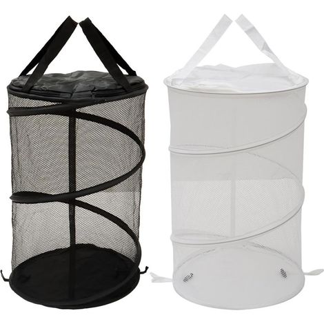 2PCS grand panier à linge rond pop-up pliable avec couvercle, panier en maille pliable, panier à linge blanc et noir (1/5)