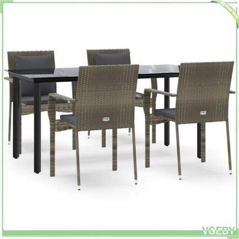 Ensemble à manger de jardin - FAFEICY - 3185116 - Résine tressée noir et gris - Table verre trempé 160x80 - Coussins rembourrés (1/5)