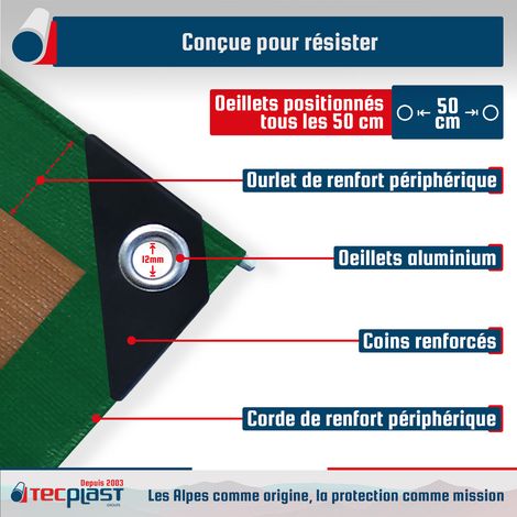 Tecplast – Bâche de protection 10x12 m 250g/m² – Étanchéité totale – Résistante aux intempéries – Ourlet périphérique et œillets aluminium