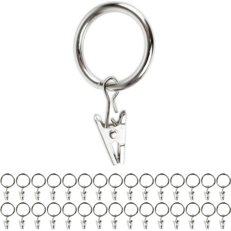 Lot de 30 pinces à rideaux avec anneaux, couleur argentée, diamètre extérieur 32 mm, diamètre intérieur 25 mm, anneaux pour tringles à rideaux, crochets de serrage métalliques, pinces à rideaux, ensem (1/5)