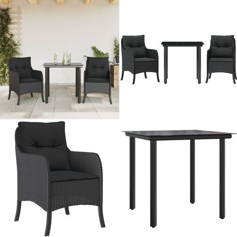 3-tlg. Garten-Essgruppe mit Kissen Schwarz Poly Rattan - Gartenstuhl - Gartentisch (1/5)