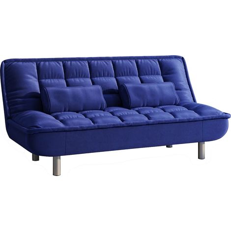 Vente-Unique – Canapé convertible clic-clac 3 places en tissu bleu – Mécanisme pratique – Dimensions couchage 190x115 cm – Confort ferme avec coussins inclus