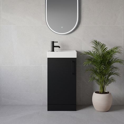 Napoli Cube Nero Oak 400mm Single Door Vanity Unit with Align Basin - 400mm - Matt Black 160mm Handle