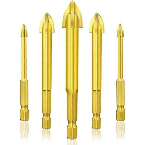 Keramische glastegelboor, set van 6 zeskantboren van titanium gecoat wolfraamstaal met diameters 3 mm, 4 mm, 5 mm, 6 mm, 8 mm en 10 mm. (1/5)
