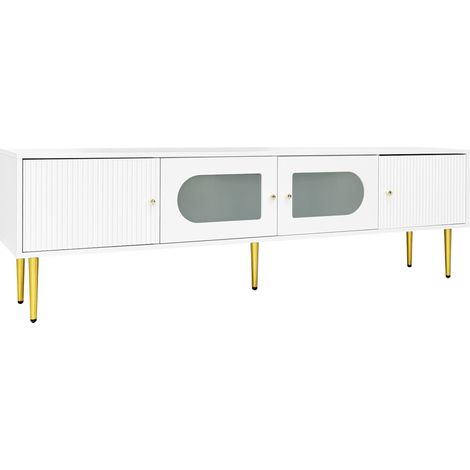 Meuble TV élégant 1703550 cm – corps blanc avec pieds et poignées dorés, 2 portes à rainures verticales, 2 portes avec verre arqué, capacité 35KG, meuble TV, support TV, meuble bas TV