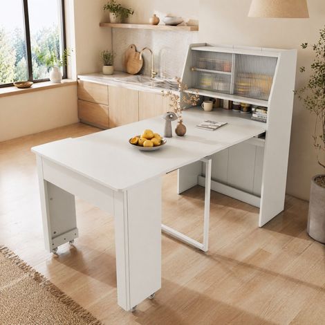 Table à manger extensible 80x52x120cm, avec meuble de rangement, en panneaux de particules, table de cuisine intégrée, blanc (1/5)