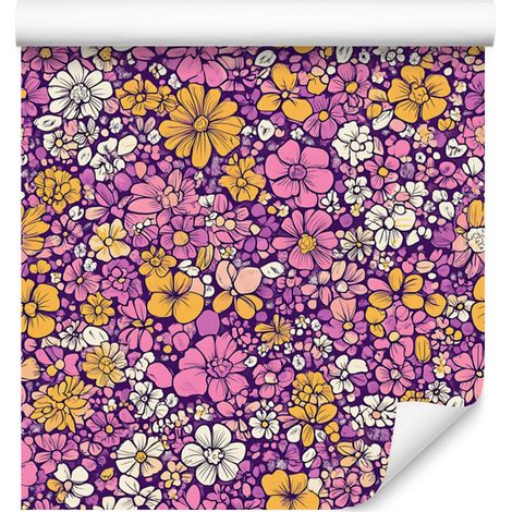 Papel pintado de flores moradas y violetas para salón y dormitorio, 50x1000 cm. (1/5)