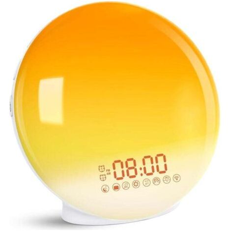 Réveil lumineux avec simulation de lever et coucher du soleil, deux alarmes, 7 sons de la nature, radio FM et fonction snooze, pour adultes et enfants (1/4)