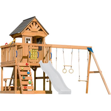 Axi Jack Aire De Jeux En Bois Avec 2 Balançoires, Toboggan Blanc / Extérieur, Bac À Sable, Trapèze/Mur D'Escalade Portique (1/5)