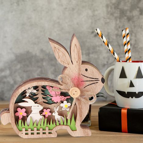 Décorations de Pâques en bois : lapin lumineux ajouré à poser sur une table, pour chambre, bureau ou étagère. (1/5)