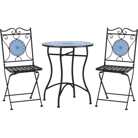 3-teiliges Garten-Set, Mosaik-Klapptisch und 2 Stühle, Blau