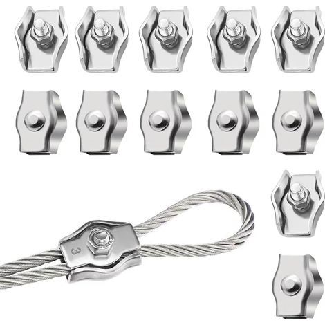 Lot de 12 serre-câbles M3 - 3 mm - En acier inoxydable 304 - Pour câble métallique - Tendeur de corde à linge - Fixé